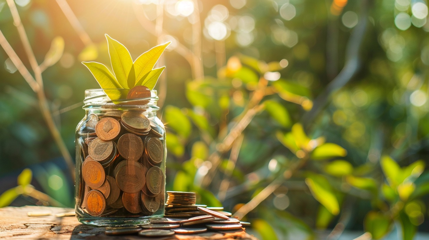 A jar full of coins in a garden