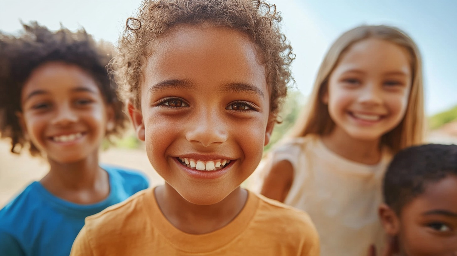 Close-up of a smiling child with curly hair wearing an orange shirt, standing in a group with three other children in the background. All the children are smiling and appear happy, enjoying a sunny day outdoors.