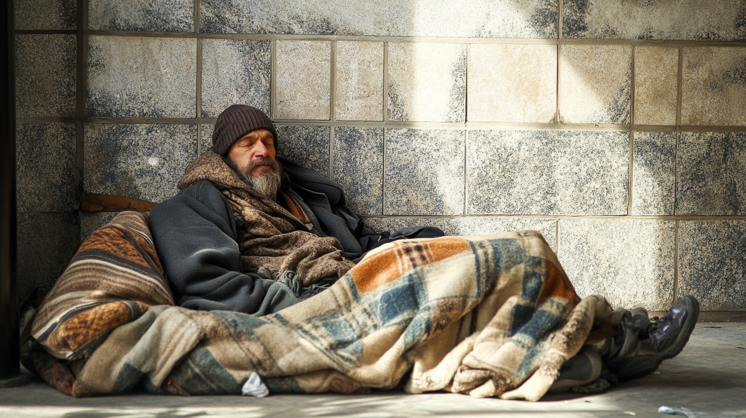 An elderly homeless man with a beard sleeping on the sidewalk, wrapped in multiple blankets, wearing a knit hat and winter coat